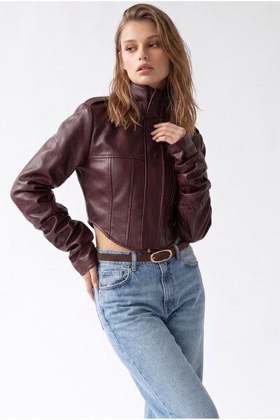 Mixray 2222 Women's Stand Collar Corset Stitched Leather Jacket Claret Red