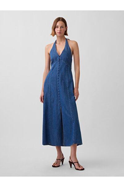 GAP Kadın Mavi Denim Seamed Halter Maxi Elbise