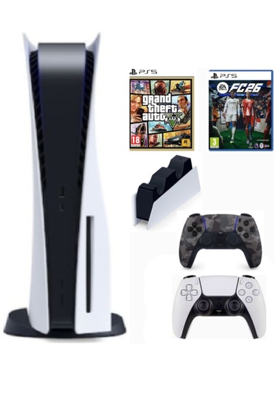 Sony Playstation 5 Cdli Standart kasa + 2.kol Dualsense Kamuflaj Gri + Şarj i...