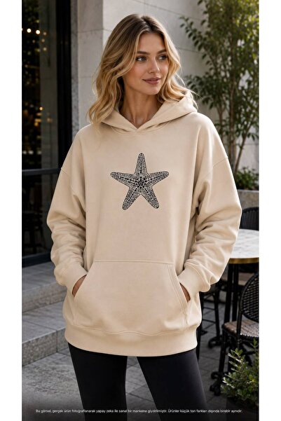 EMMODA Women's Large Starfish Printed Hooded Casual Sweatshirt with Kangaroo ...