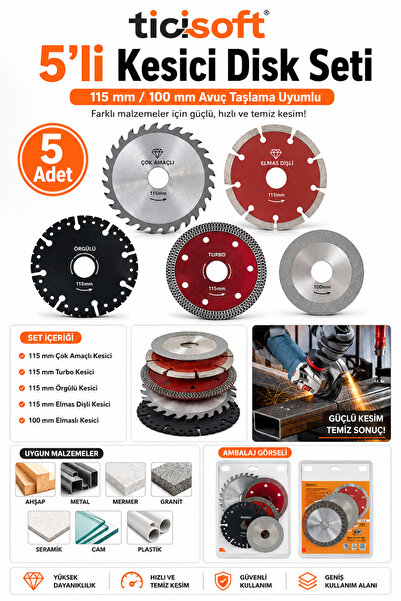 Ticisoft 5 Parça Kesici Disk Seti 115 mm / 100 mm Avuç Taşlama Uyumlu Ahşap M...