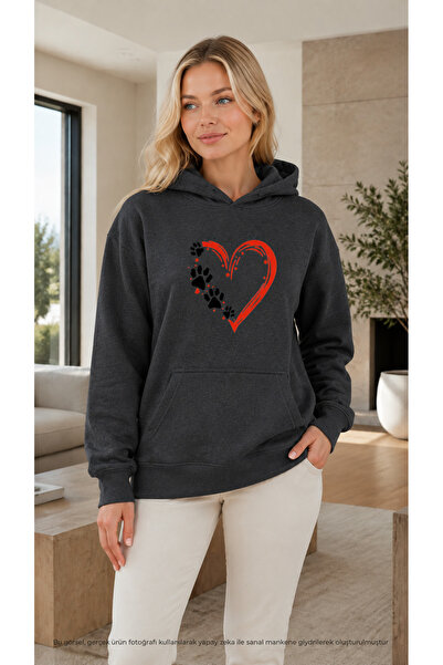 EMMODA Women's Cute Paw Print Heart Graphic Printed Hooded Kangaroo Pocket Ca...