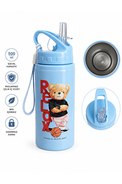 monthiron Alüminyum Matara 500 ML Çocuk Su Matarası Pipetli Sızdırmaz Dayanık...