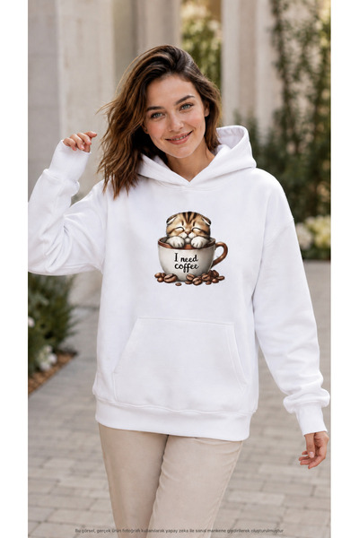 EMMODA Women's Coffee Themed Cat Inside Cup Graphic Printed Hooded Casual Swe...