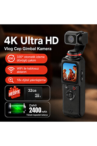 FABRON 4K Ultra HD Vlog Cep Gimbal Kamerası 330 ° Otomatik Takip Döndürme Çek...