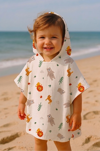 minial Organic Cotton Muslin Hooded Poncho Beach Sea Bath Children Baby Poncho