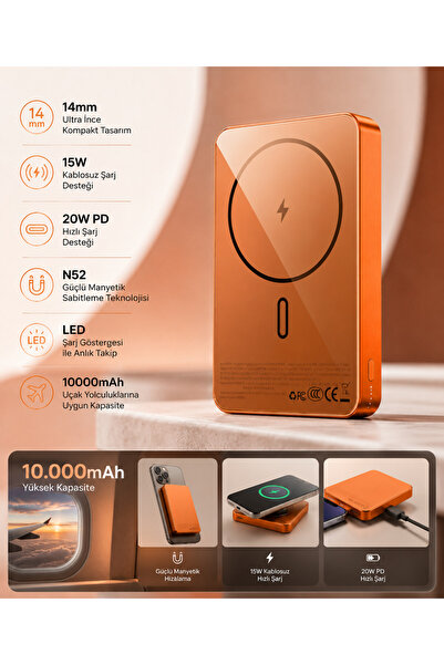 Genel Markalar Premium 10.000 mAh Manyetik Kablosuz Powerbank Turuncu – 15W W...