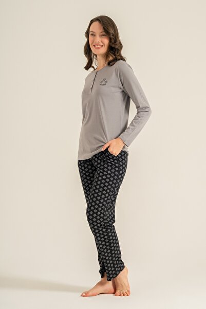 Pierre Cardin Women's Gray Modal Round Buttoned Collar Black Pajama Set, Combed Cotton Modal Pajama Set, 50% Cotton 50% Modal