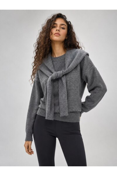 Noi Belis Shawl Detailed Crew Neck Oversize Knitwear Sweater Aw26Kz0003