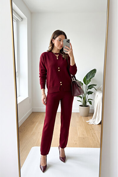 SAYZEN YOUR SHİNE Basic Gold Buttoned Collar Detail Sweater-Pants Women's Kni...