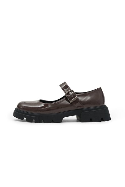 Mio Gusto Brown Patent Leather Thick Soled Women's Babet Loafer Shoes
