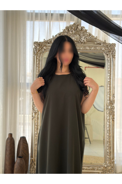 elegant veil فستان زيتي سادة من قماش كريب خفيف