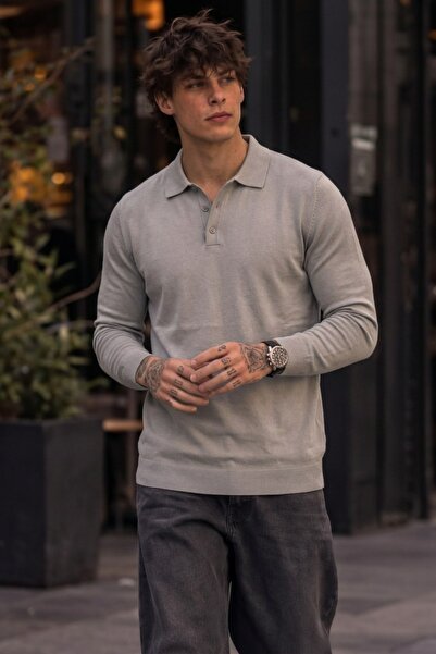 COMBİNE MİCHAİL Men's Shiny Pocketless Plain Pattern Gray Sweater