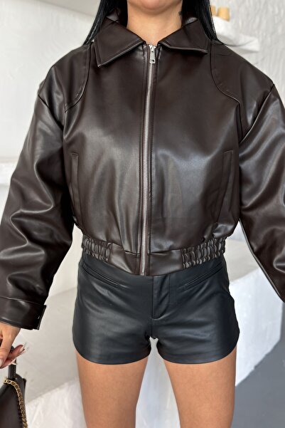 moda armanc Women's Oversize Crop Faux Leather Bomber Jacket