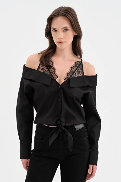 tw3 Women's 100% Cotton Lace Strap Detailed Front Tie Design Shirt