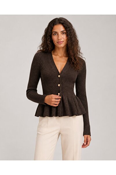 Noi Belis V-Neck Buttoned Ribbed Knit Cardigan with Flywheel Detail Aw26Hi0004