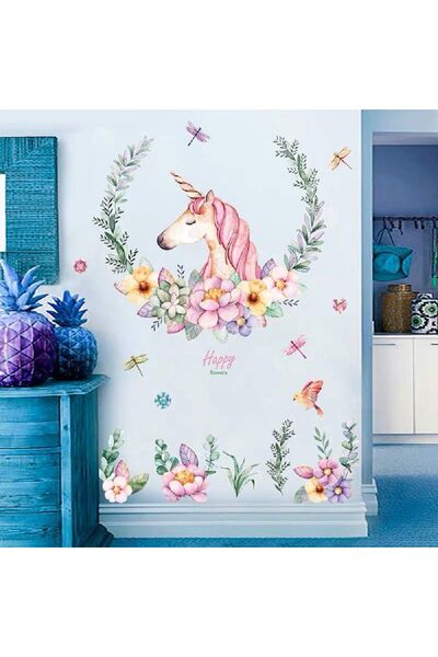 OtherMax Autocolant de Perete Unicorn Flori Decorativ Roz 110 x 110 cm — auto...