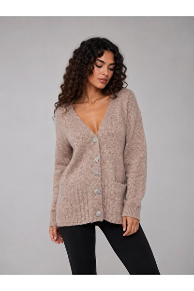 Noi Belis Stone Buttoned V-Neck Pocketed Soft Textured Knitwear Cardigan Aw26...