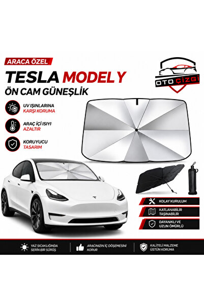Oto Çizgi Tesla Model Y Şemsiye Tip Ön Cam Güneşliği Katlanabilir UV Korumalı...