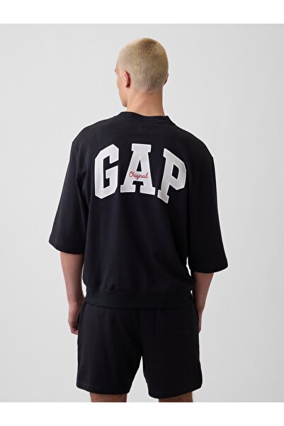 GAP Erkek Siyah Oversized Logo Fransız Havlu Kumaş T-Shirt