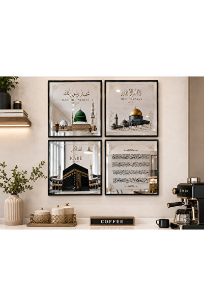 sümercam Mukaddes Mekânlar 4’lü Premium Aynalı Tablo Seti 40x40 cm Metal Çerç...