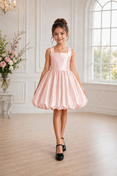 NSMLİFE Girl's Satin Balloon Dress with Square Collar and Bow Detail
