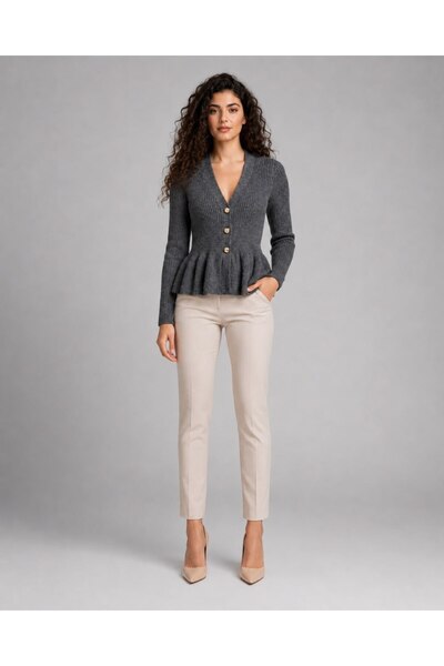 Noi Belis V-Neck Buttoned Ribbed Knit Cardigan with Flywheel Detail Aw26Hi0004