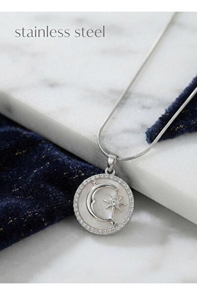 stainless steell 316L Steel Chain Silver Color Zircon Stone Detailed White Pe...