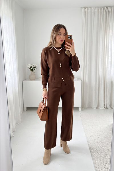 SAYZEN YOUR SHİNE Basic Gold Buttoned Collar Detail Sweater-Pants Women's Kni...