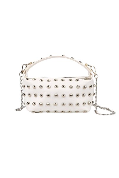 MAISONE White Staple Detailed Chain Strap Women's Shoulder & Crossbody Bag Zb003