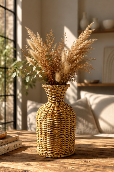 ego home Dekoratif El Yapımı Hasır Görünümlü Rattan Vazo 23 cm – Bohem Salon,TV Ünitesi ve Dresuar Üstü Dekor