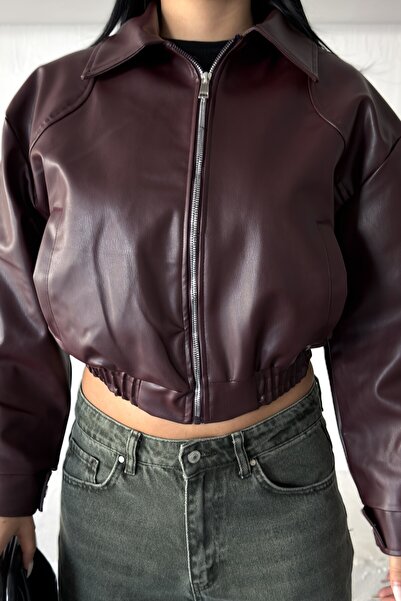 moda armanc Kadın Oversize Crop Suni Deri Bomber Ceket