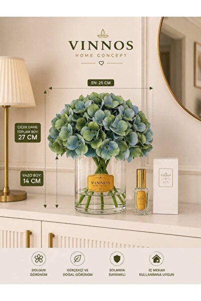 VINNOS HOME CONCEPT Dolgun Ortanca Yapay Çiçekli Cam Vazo & 30 CC Eau de Parf...