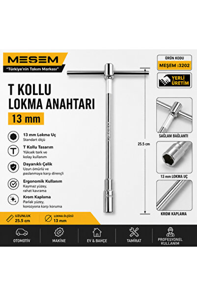 Meşem T Handle Socket 13 mm 25.5 cm Length Chrome Plated Product Code: 3202
