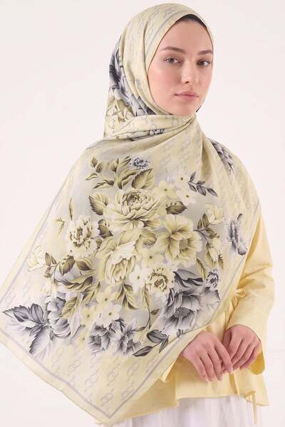Salih Çelebi Floral Patterned Aqua Soft Shawl 4075 - Yellow
