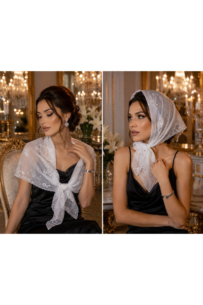 OEM Esarfa Eleganta Alba cu Broderie si Paiete/Batic, Voal Transparent, Acces...