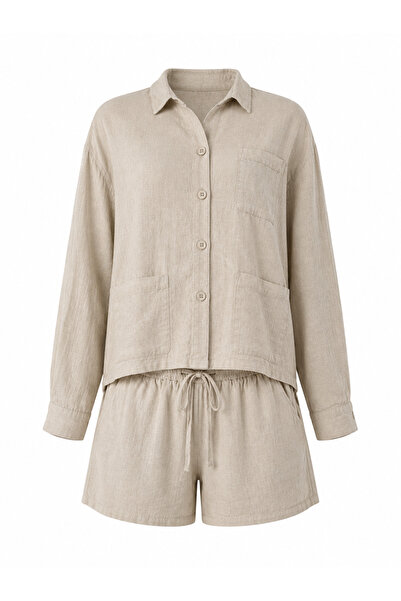 Buket Teke Stone Color Raw Linen Shorts Jacket Set