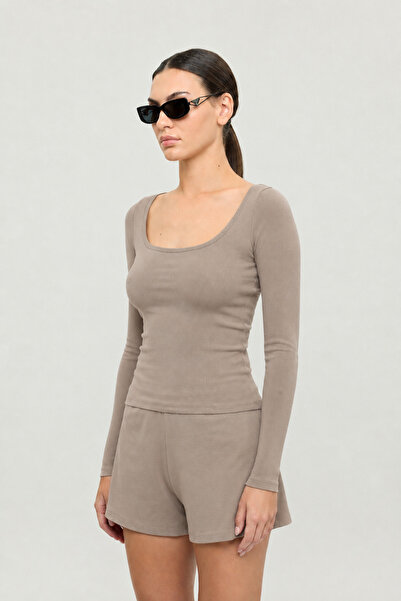 SHEISMONO Soft Rib Oval Yaka Bluz Vizon