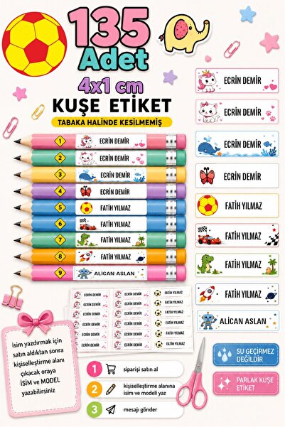 Hsn Kalem Etiketi Kişiye Özel Isim Yazılabilen Okul Etiket Seti 135 Adet Tabaka Şeklinde