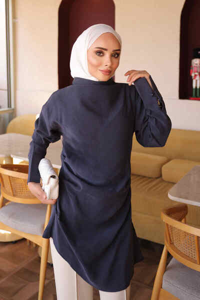 İmajButik Navy Blue Asymmetrical Cut Modal Tunic