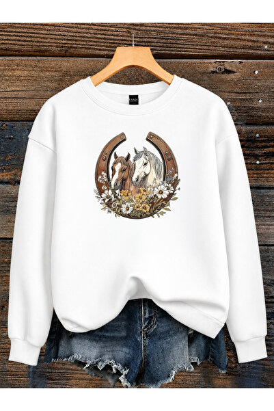Kadın At Nalı Çiçek Grafik Baskılı Rahat Kalıp Bisiklet Yaka Beyaz Sweatshirt