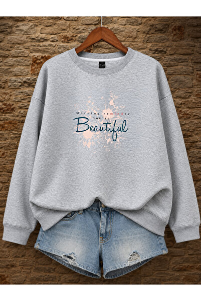 ESADE Kadın Beatiful Gölge Çiçek Baskılı Rahat Kalıp Bisiklet Yaka Gri Sweats...