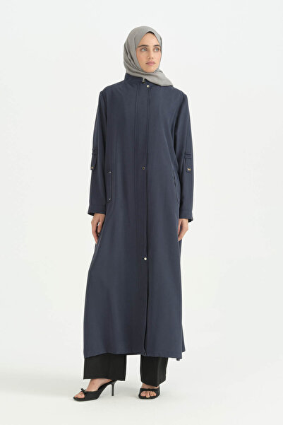 Nihan Plus Size Modal Robe with Sleeve Detail - Navy Blue
