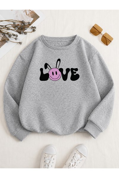 ESADE سويت شيرت نسائي مطبوع عليه Love Written Rabbit Smiling Face Graphic مري...
