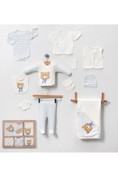 EDM Kidss 100% Cotton Baby Boy Hospital Discharge Set of 10 with Teddy Bear Embroidery Newborn Gift Boxed 0-3 Months