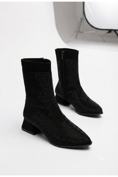 Macelife Suede Shiny Stone Heeled Women's Boots Black
