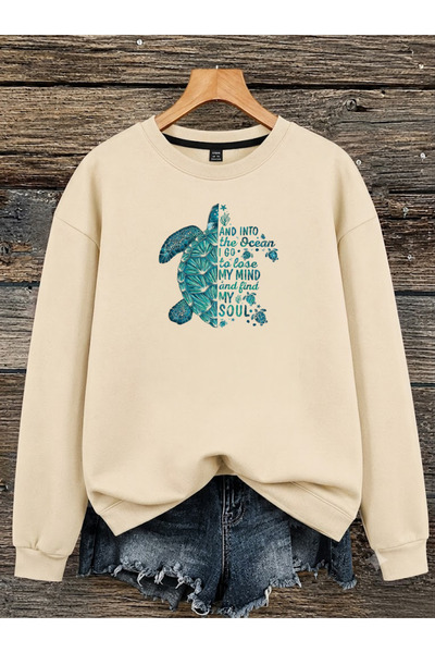 ESADE Kadın Yeşil Kaplumbağa Baskılı Rahat Kalıp Bisiklet Yaka Bej Sweatshirt