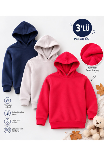 MOONBULL Çocuk 3'lü Kapüşonlu Polar Sweatshirt