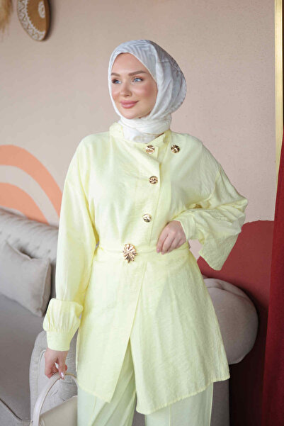 İmajButik Yellow Buttoned Belted Tunic and Trousers Set