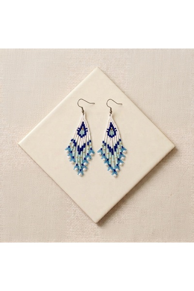 El Yapımı Boncuk İşi Mavi Boncuk Uzun Püsküllü Küpe 3,5x7,5cm